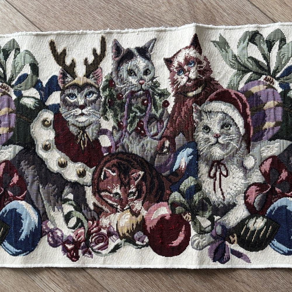 Holiday Cats Table Runner in Cream, Red, Green, Blue